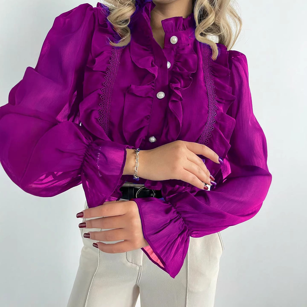 Women's ruffle blouse made of chiffon with stand-up collar and pearl buttons Drune