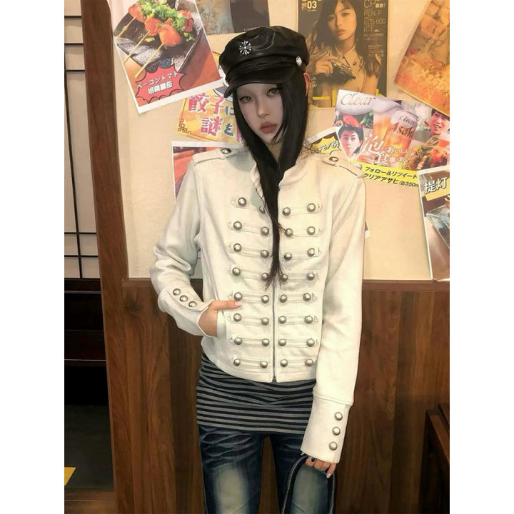 Women Short Military Inspired Jacket with Double Decorative Button Placket and Cuffs Mune Fashion