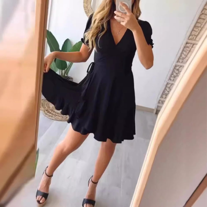 Women’s light wrap dress with V-neck, short sleeves, waist tie, and flounce skirt Mune Fashion