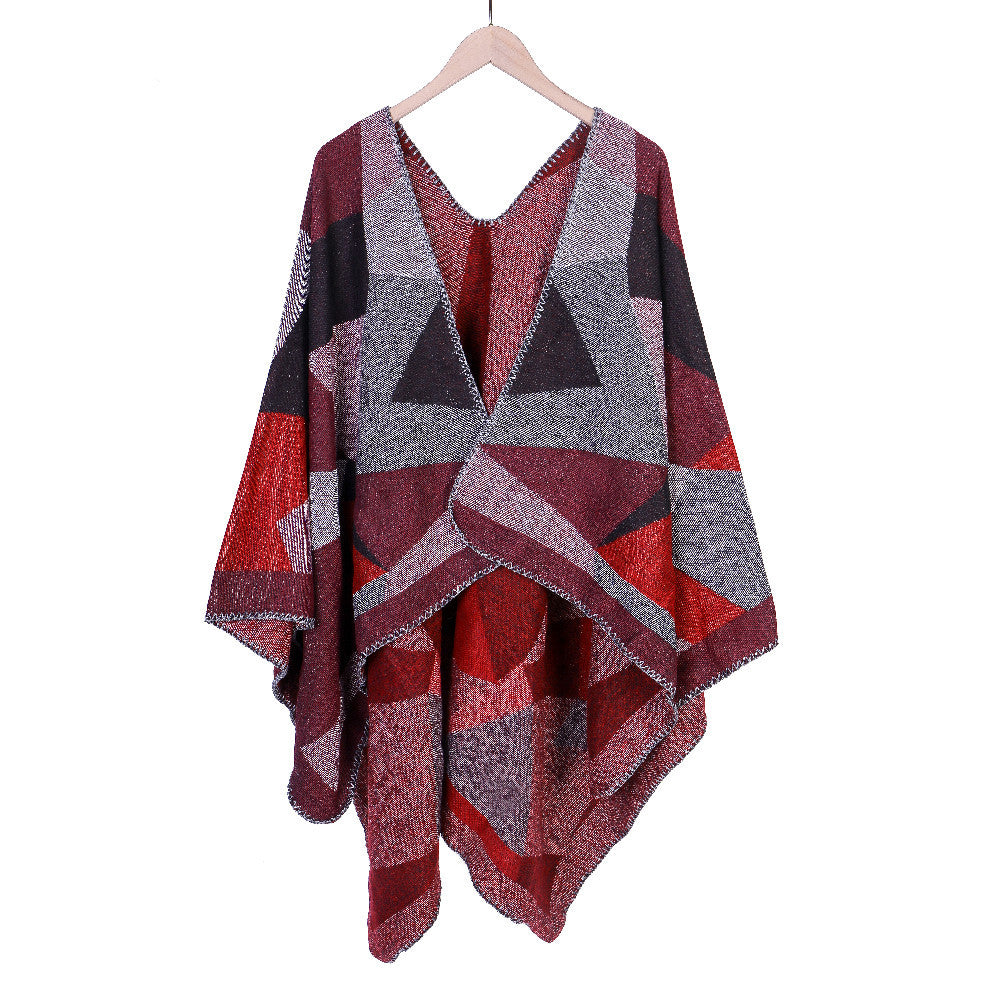 Women's Chunky Knit Oversized Ruana with Graphic Block Pattern and Asymmetrical Pointed Hem Mune Fashion