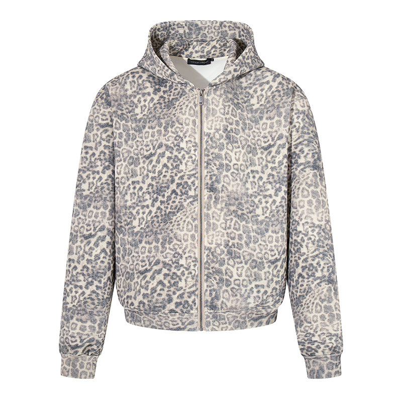 Women’s zip hoodie in soft velour with all-over leopard jacquard Mune Fashion