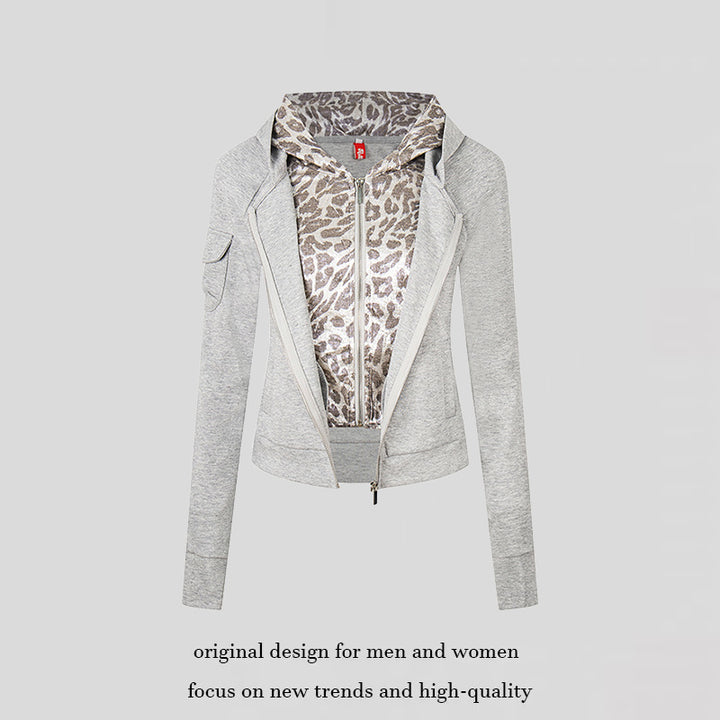 Women's Layered Look Zip Hoodie with Metallic Leopard Lining and Slim Silhouette Mune Fashion
