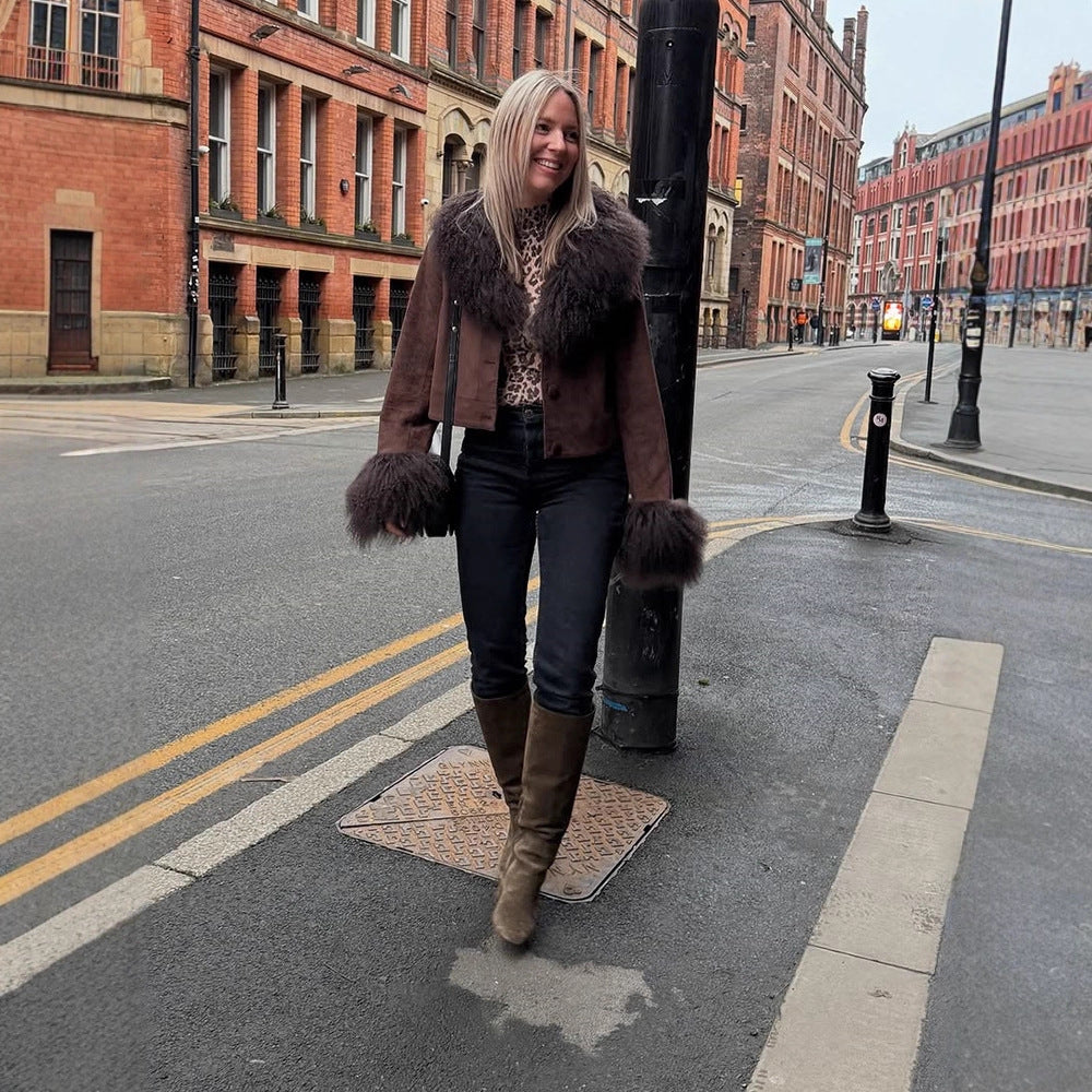 Women's Short Suede Jacket with Voluminous Tibetan Shearling Collar and Fur Cuffs Mune Fashion