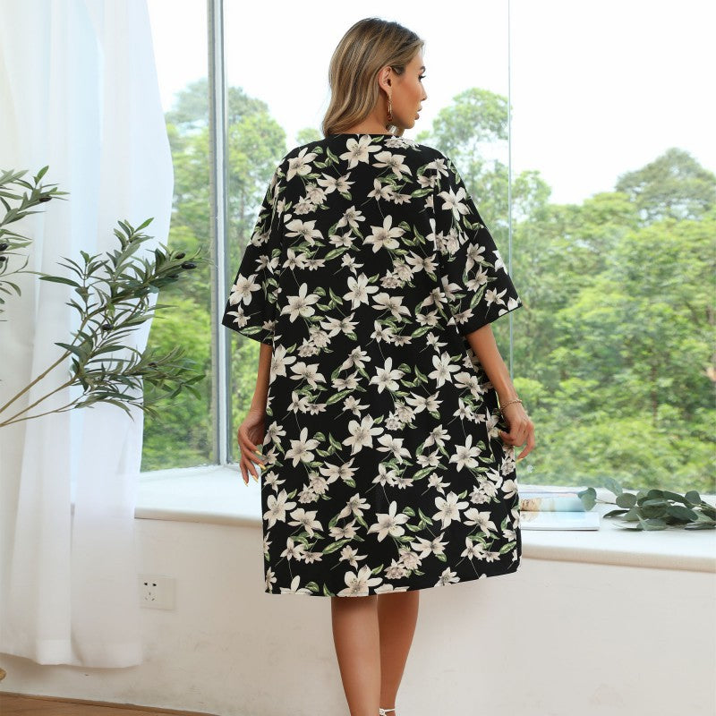 Women Long Kimono Flower Coat with Floral Print, Open Front and 3/4 Sleeves Mune Fashion
