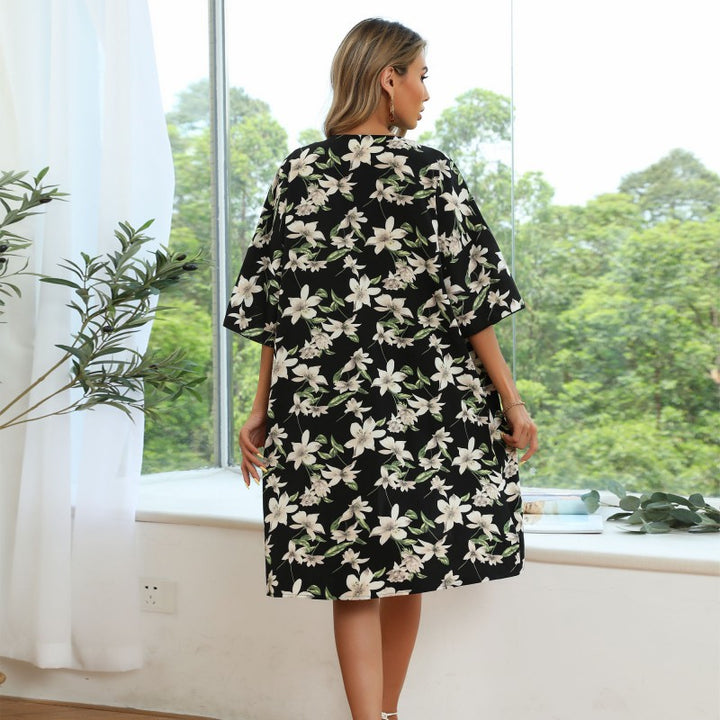 Women Long Kimono Flower Coat with Floral Print, Open Front and 3/4 Sleeves Mune Fashion
