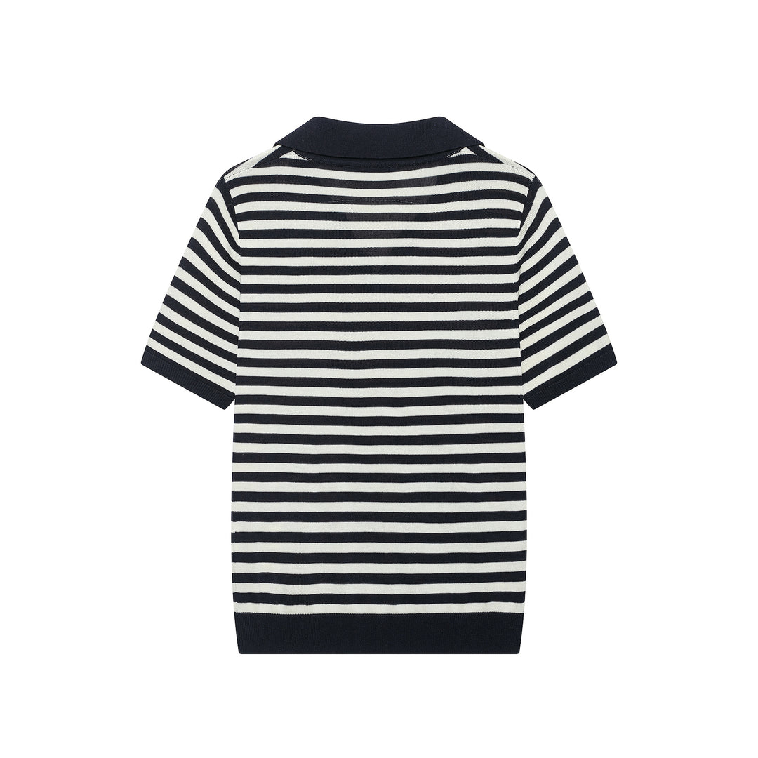 Women's Striped Polo Shirt-Knit with V-Neck, Short Sleeve and Ribbed Collar Mune Fashion