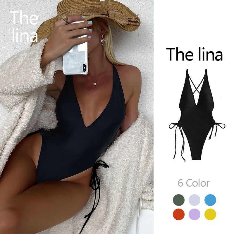 Women’s one-piece swimsuit with a deep V-neckline and side lace-up details Mune Fashion