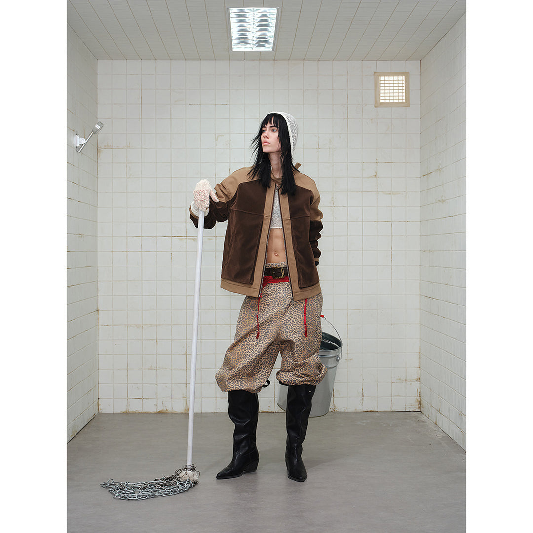 Men's short jacket in boxy-blouson style made of velour and canvas mix with high stand-up collar Mune Fashion