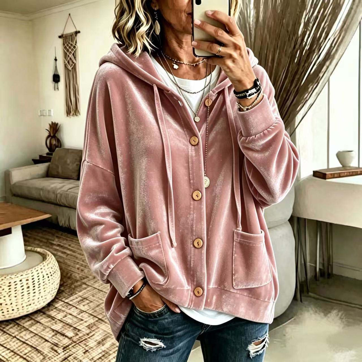 Women's Oversized Hooded Velvet Jacket with Button Placket and Patch Pockets Mune Fashion