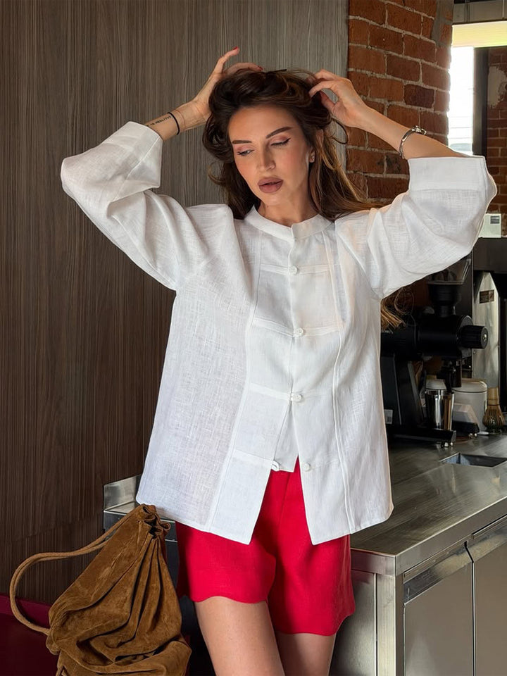 Women Oversized Linen Blouse with Mandarin Collar, Concealed Button Placket and Three-Quarter Sleeves Mune Fashion