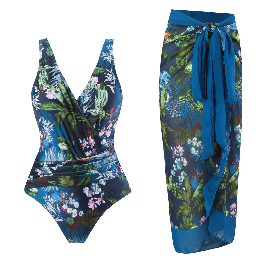 Women's swim set with floral wrap skirt and one-piece Mune Fashion