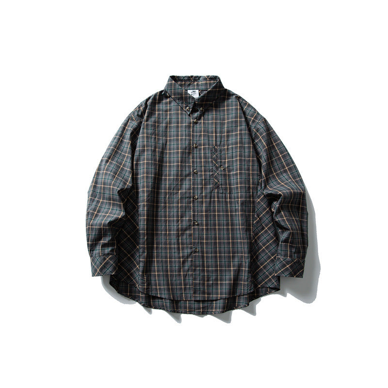 Unisex Oversize Checked Shirt with Stand-up Collar, Breast Pocket and Rounded Hem Mune Fashion