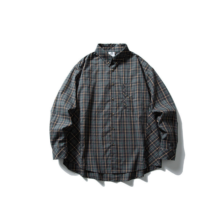 Unisex Oversize Checked Shirt with Stand-up Collar, Breast Pocket and Rounded Hem Mune Fashion