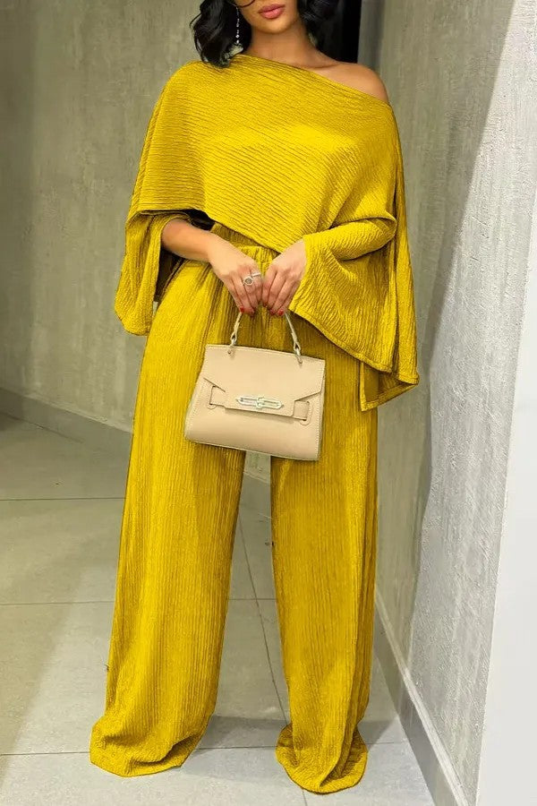Women's Two-Piece Textured Loungewear Set with Cropped Cape Top and Maxi Skirt with Side Slit Drune
