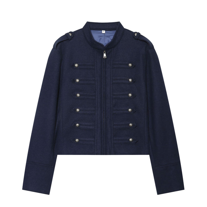 Women's military-inspired wool jacket with stand-up collar zipper and decorative button placket Mune Fashion
