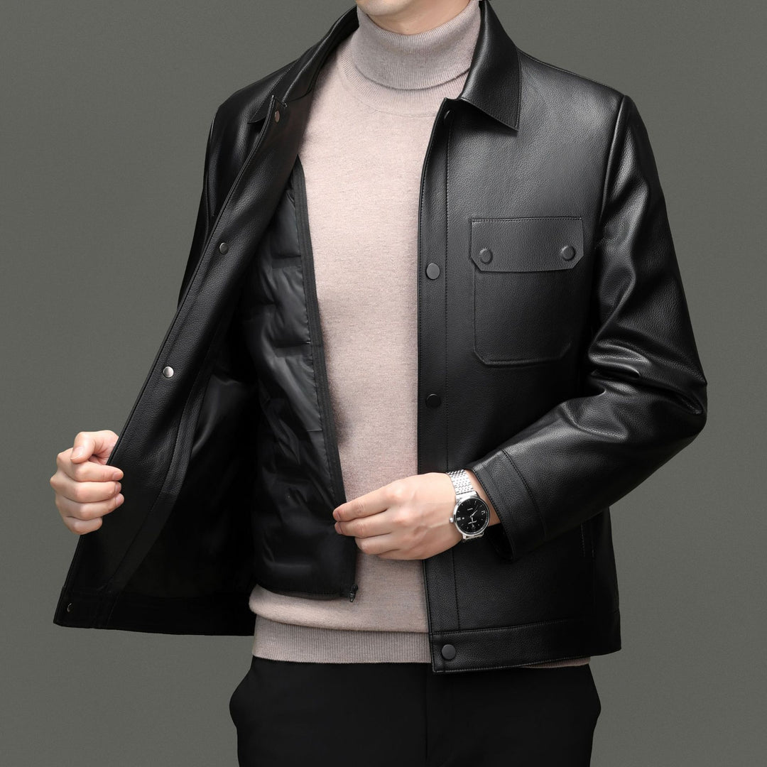 Men's leather jacket in shirt style with snap button closure and patched chest pockets Mune Fashion
