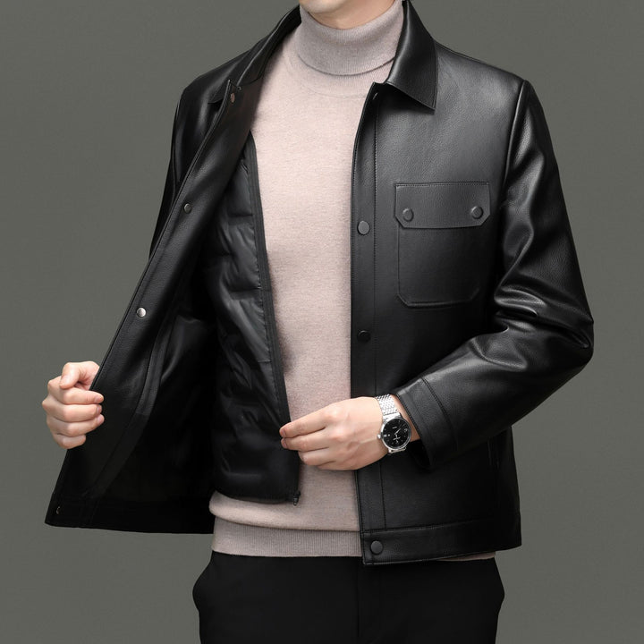 Men's leather jacket in shirt style with snap button closure and patched chest pockets Mune Fashion