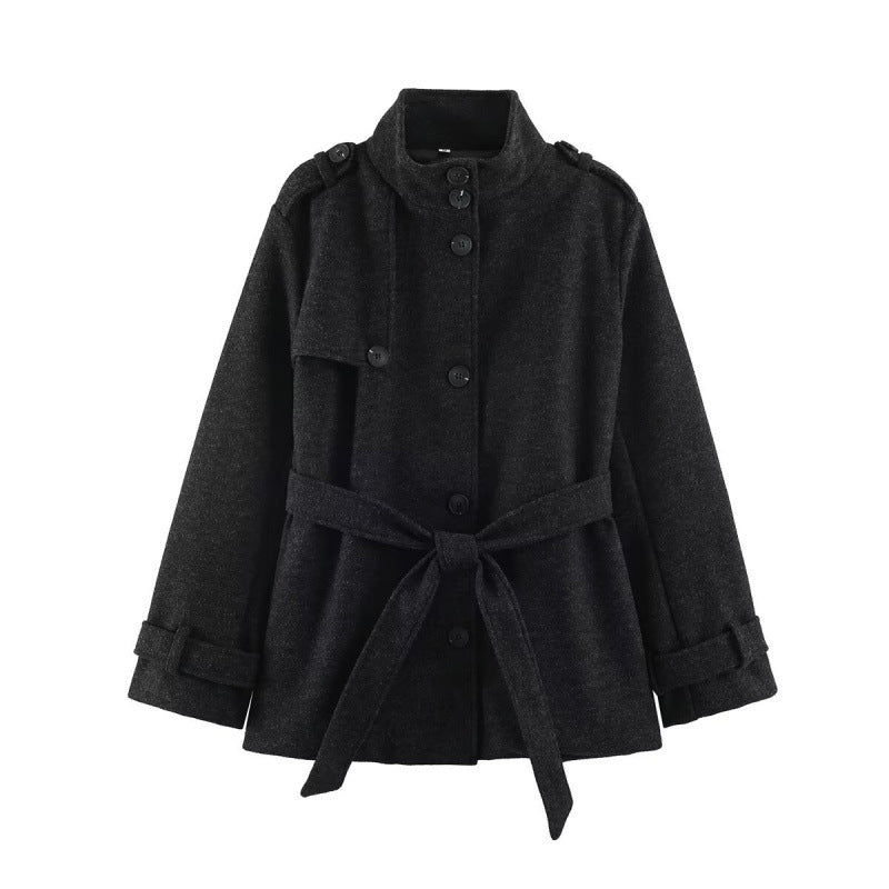 Women's short tailored coat jacket made of wool blend with standing collar, shoulder patches, and tie belt Mune Fashion