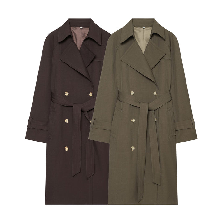 Women Mid-length Double-breasted Trench Coat with Wide Lapels and Waist Tie Belt Mune Fashion