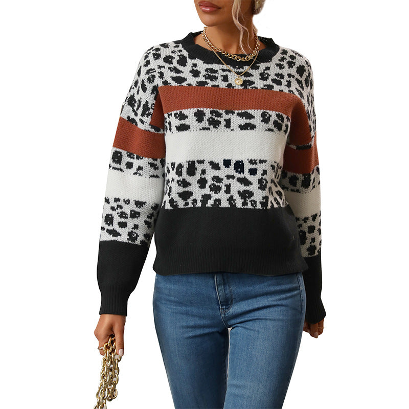 Women's fine knit pullover with animal print block stripes and ribbed hem Mune Fashion