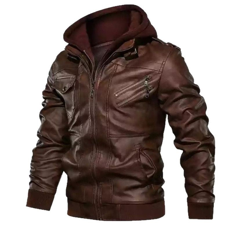Men's Hooded Leather Jacket in Biker Style with Stand-up Collar, Ribbed Cuffs and Multiple Zipper Pockets Mune Fashion