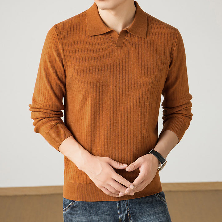 Men's polo collar fine knit sweater with ribbed texture and slim silhouette Mune Fashion