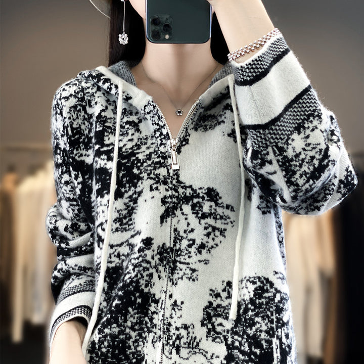 Women's Oversize Jacquard Cardigan with Hood and Zipper Mune Fashion