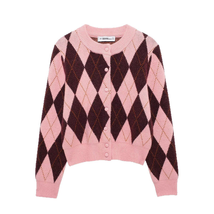 Ladies Short Diamond Argyle Cardigan with Round Neck and Fabric Covered Buttons Mune Fashion