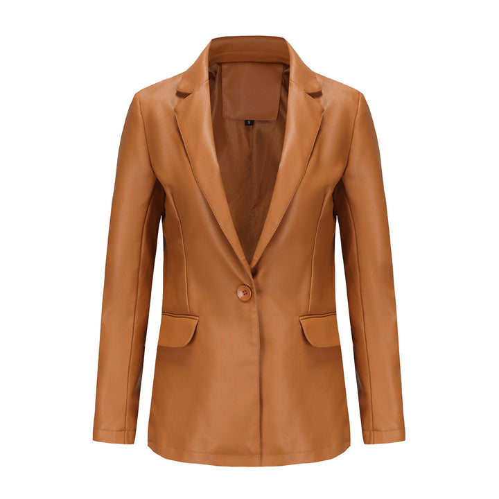Women's fitted blazer made of faux leather with notch collar and flap pockets Mune Fashion