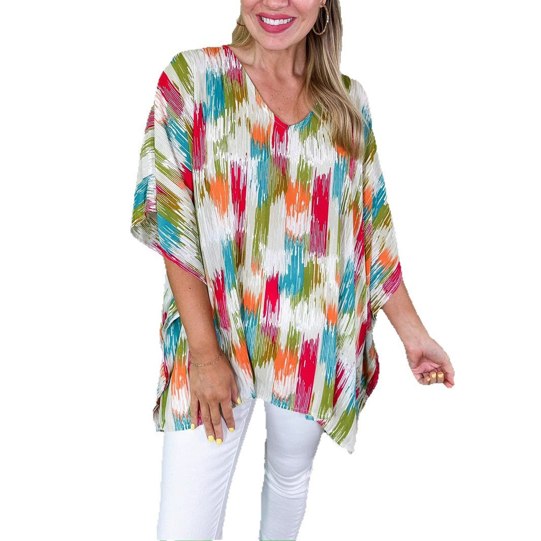Women's Oversized V-Neck Tunic in Pleated Look with Abstract Ikat Print Mune Fashion