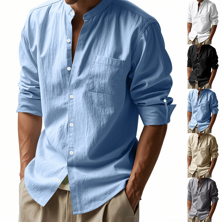 Men's light linen shirt with stand-up collar and patch chest pocket in regular fit Mune Fashion