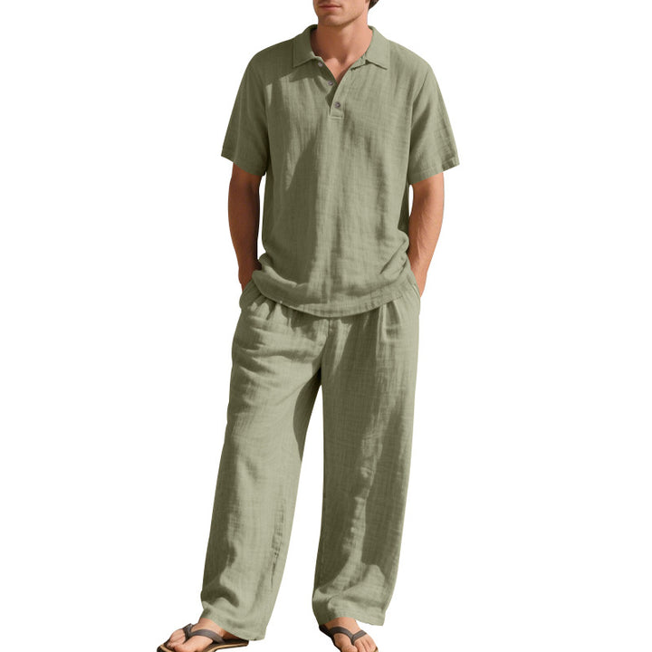 Men's airy linen ensemble with polo collar and adjustable waistband pants Mune Fashion