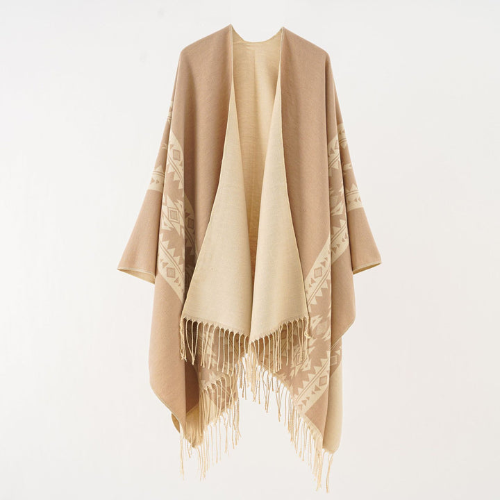 Women's Oversize Poncho with Fringes and Jacquard Pattern Mune Fashion