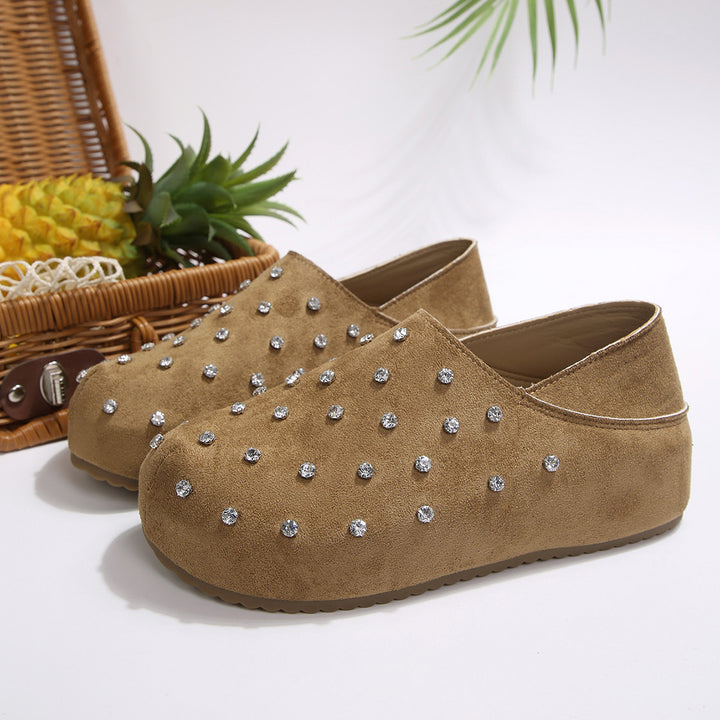 Women Rhinestone-Embellished Suede Platform Slippers Mune Fashion