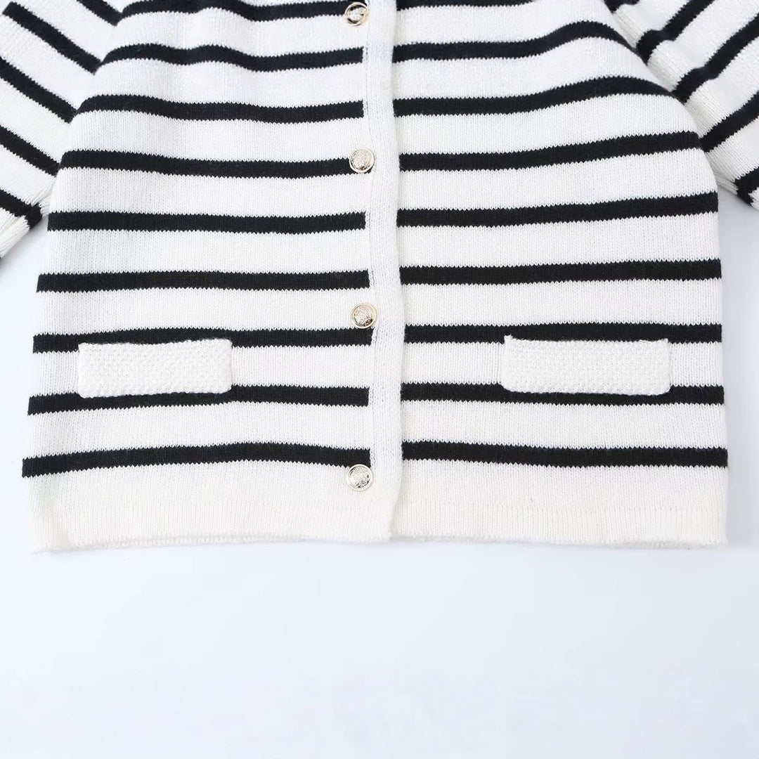 Women Striped Cardigan with Round Neck, Decorative Button Placket and Patch Pockets Mune Fashion