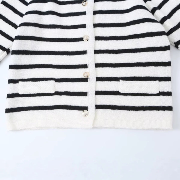 Women Striped Cardigan with Round Neck, Decorative Button Placket and Patch Pockets Mune Fashion