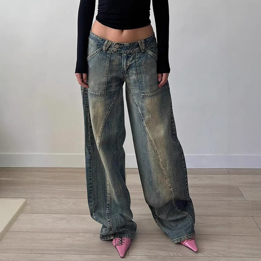 Women's low-rise baggy jeans with distinctive V-seam panels and patch front pockets Mune Fashion