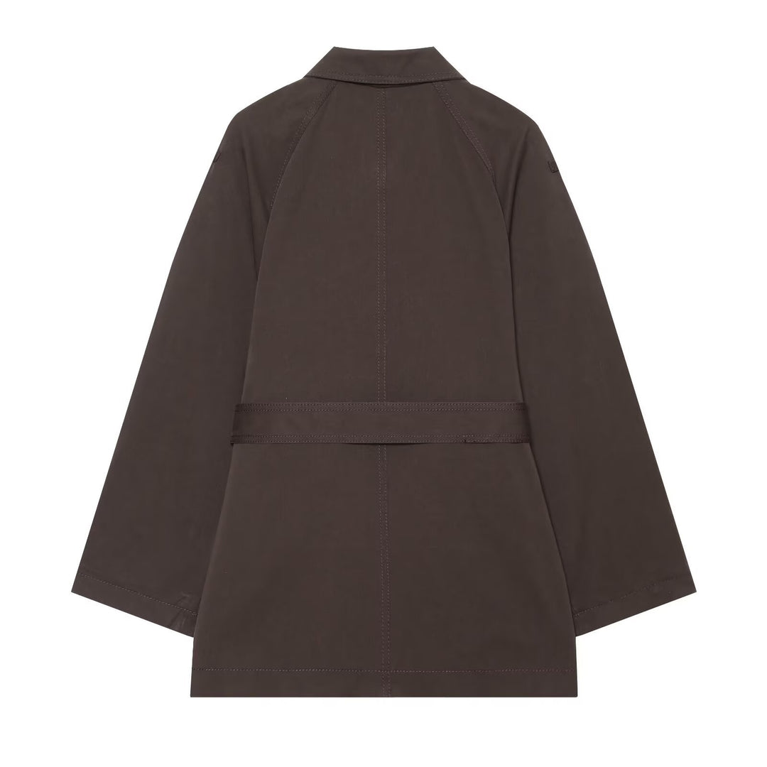 Women's Tailored Cape Trench Coat with Tie Belt and Shoulder Epaulets Mune Fashion