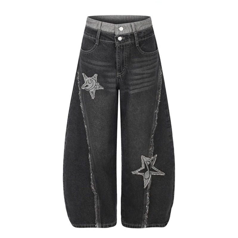 Women's High-Waist Wide Denim Culotte with Star Appliqués and Fringe Detail