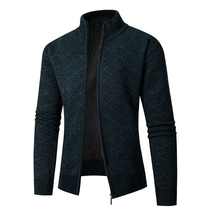 Men's Thermal Knit Jacket with Full Zip, Lined Stand-Up Collar and Geometric Structure Pattern Mune Fashion