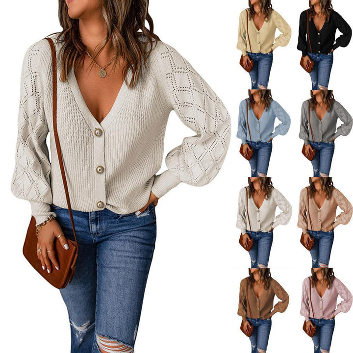 Women's knitted cardigan with V-neck, decorative button placket and balloon sleeves Mune Fashion