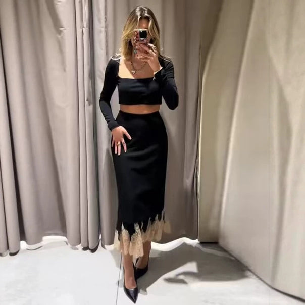 Ladies Elegant Pencil Midi Skirt with Contrasting Lace Underlay Mune Fashion