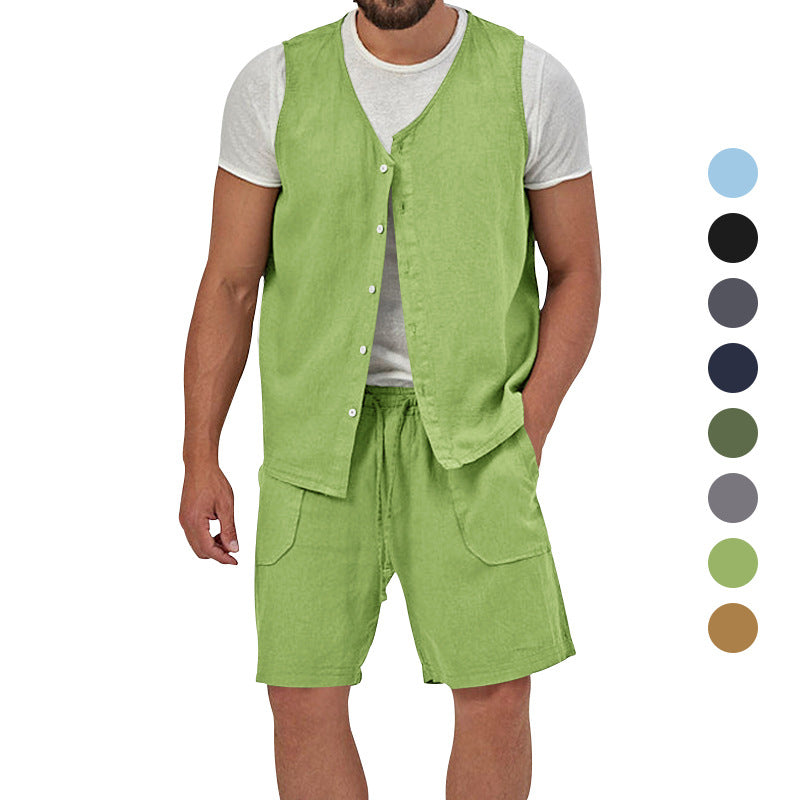 Men's two-piece leisure set with sleeveless button vest and wide drawstring shorts with patch pockets Mune Fashion