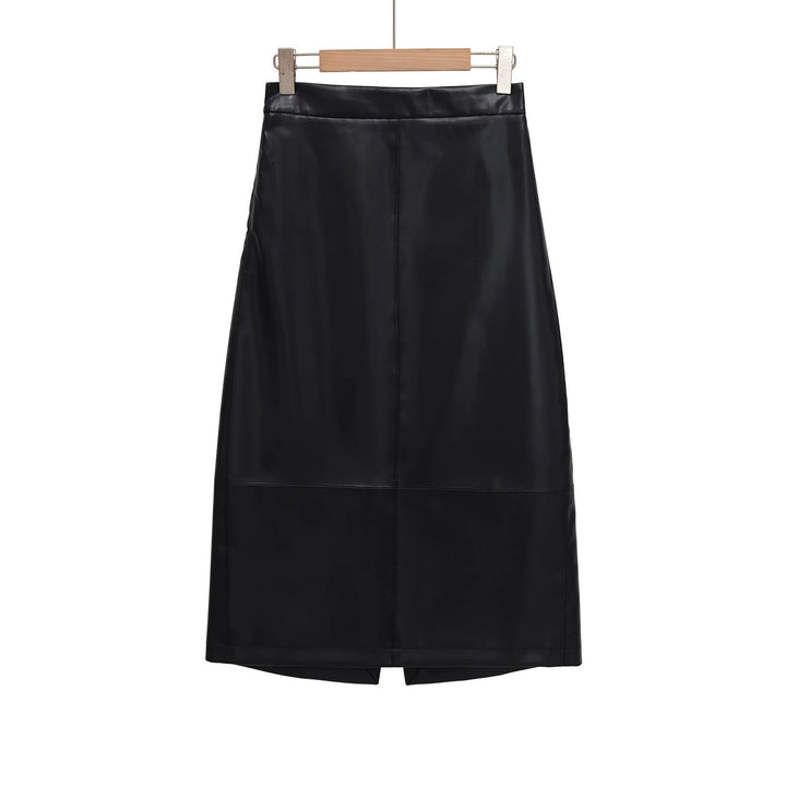 Women's tailored midi skirt in leather look with a high waistband, dividing seams, and back slit Mune Fashion