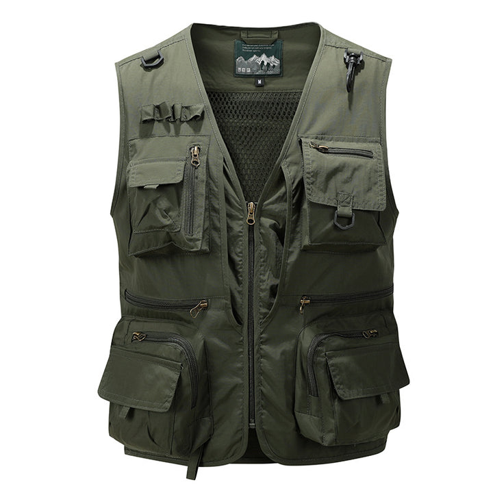 Men's multifunctional fishing vest with mesh lining, multiple zipper and flap pockets.