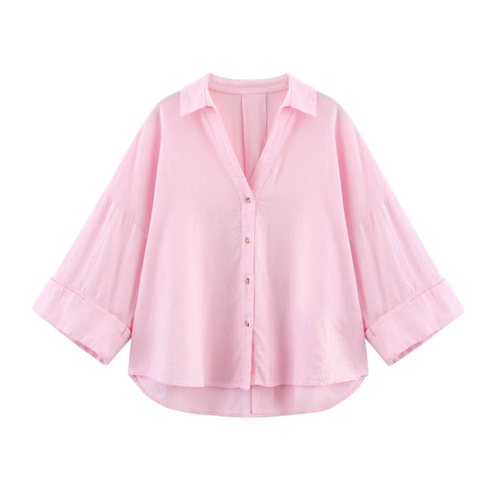 Women Oversize Shirt Blouse with Vertical Stripe Pattern and Extended Back Mune Fashion