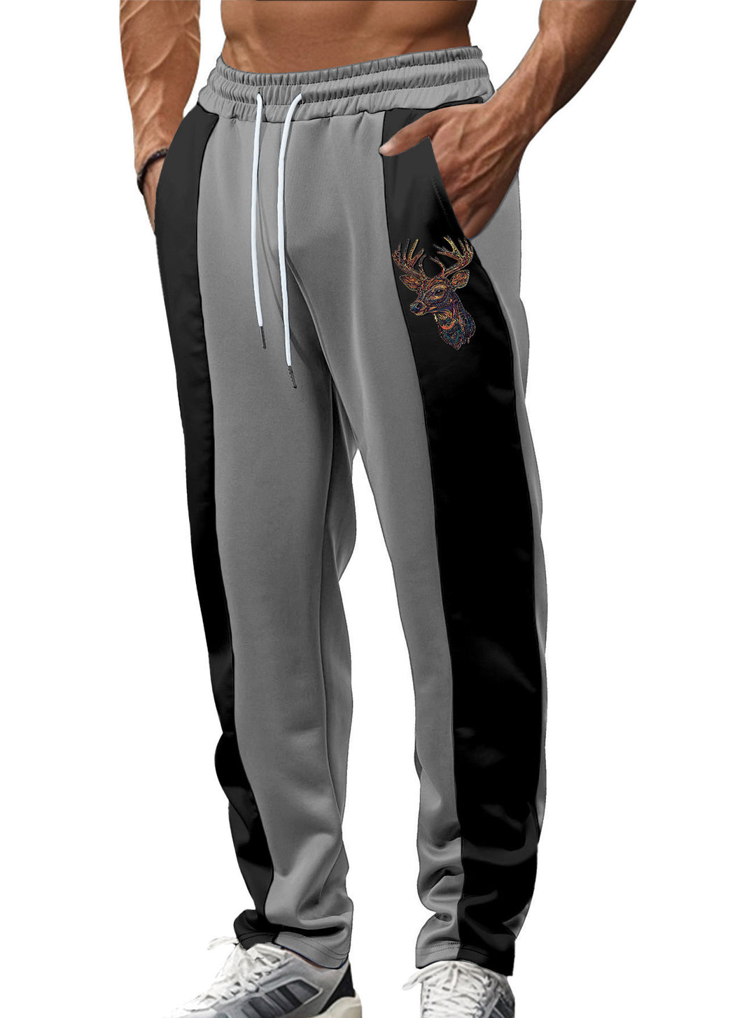 Men's sporty track pants with side contrast stripes, elastic waistband, drawstring, and deer embroidery Mune Fashion