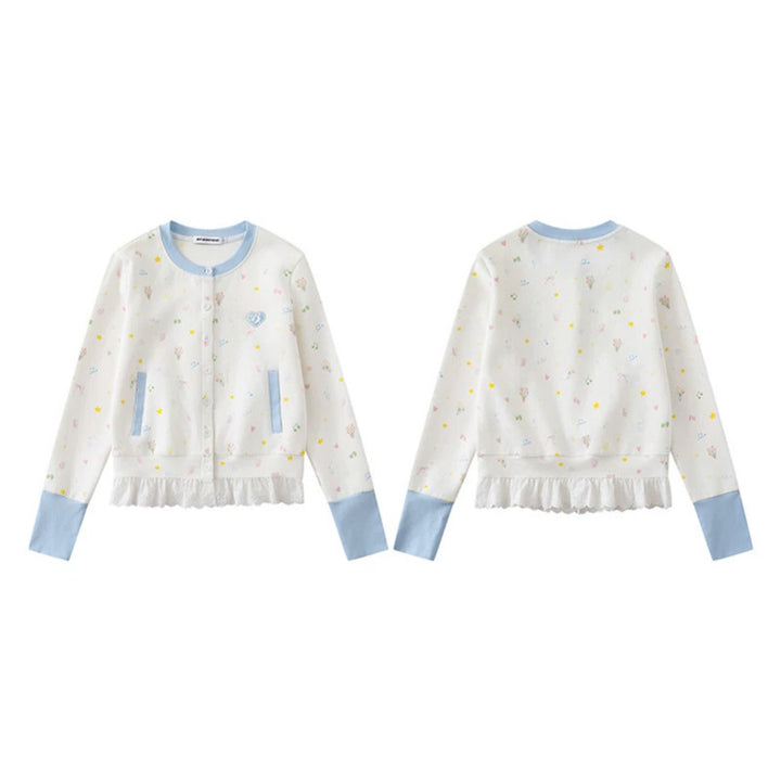 Women's Button-Front Cardigan with Lace Ruffle, Pastel Allover Print and Contrast Cuffs Mune Fashion