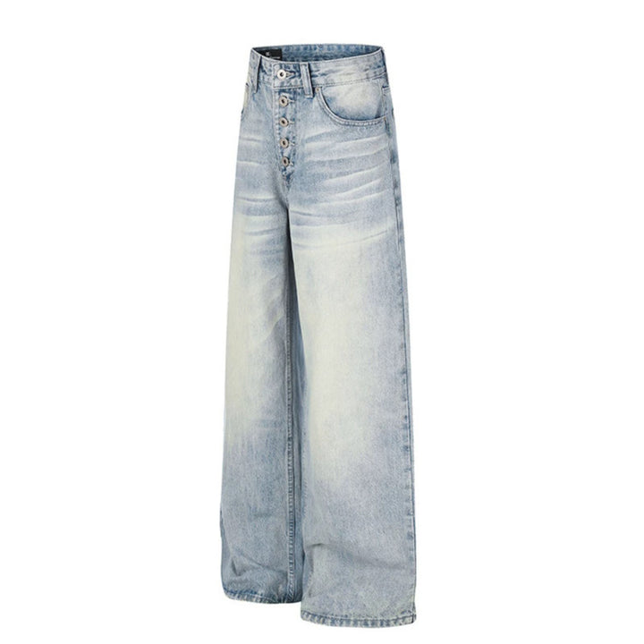 Women's High-Waist Wide Denim Palazzo Jeans with Button Fly and Used Wash Mune Fashion