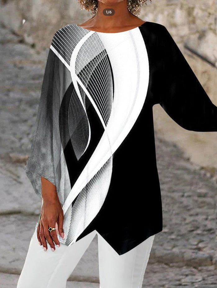 Women Asymmetrical Long Shirt with Graphic Print and Bat Sleeves Mune Fashion